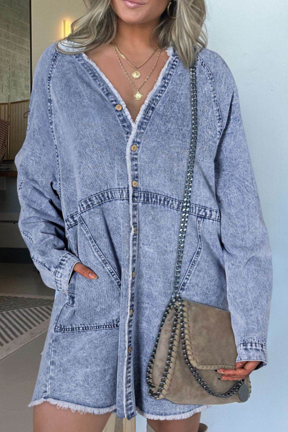 Raw Hem Button Down Long Sleeve Denim Dress - UnLaced Boutique