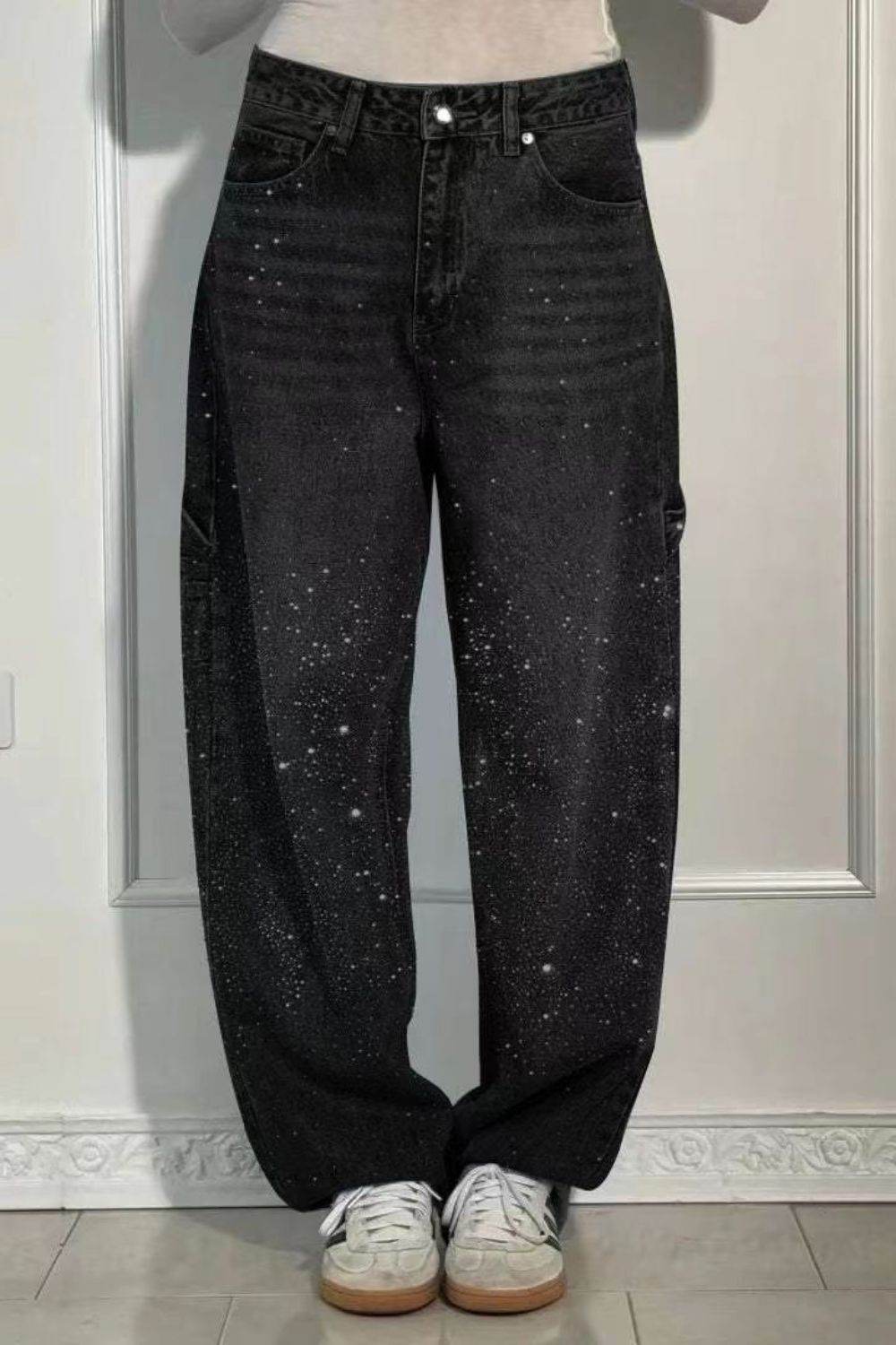 Full Size Washed Rhinestone Detail Wide leg Jeans Plus Size - UnLaced Boutique
