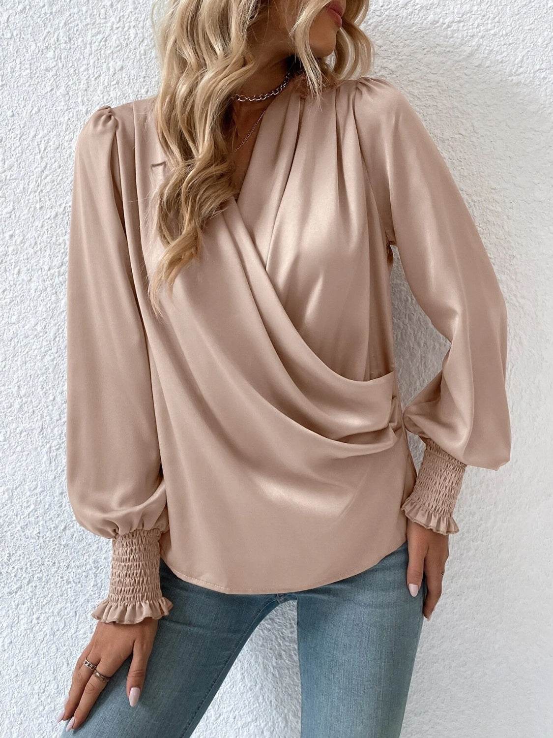 Surplice Smocked Lantern Sleeve Blouse - UnLaced Boutique