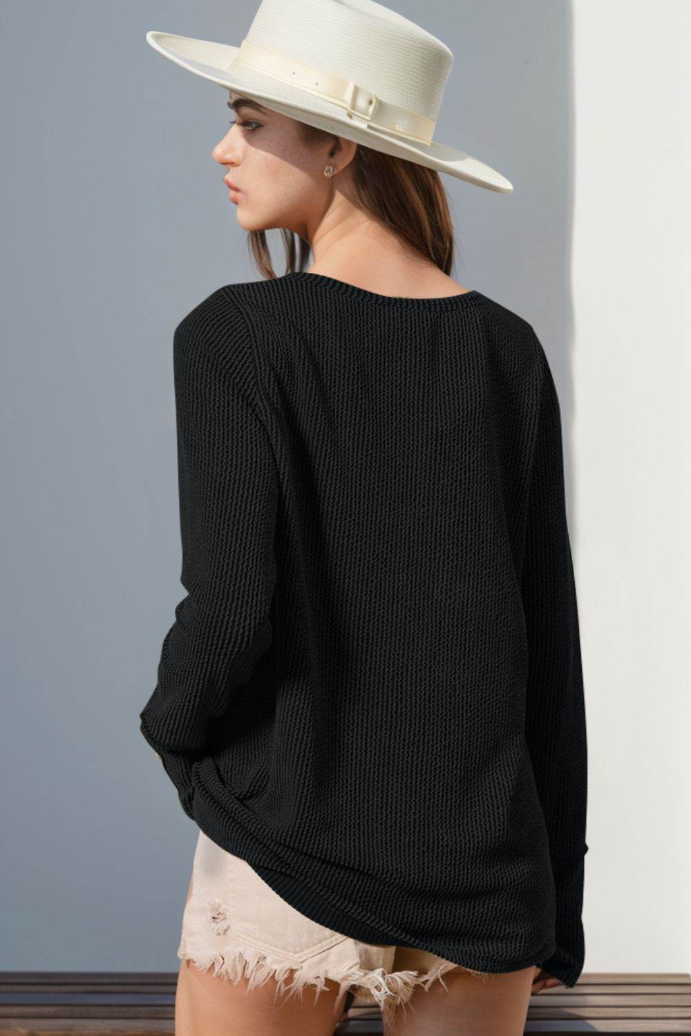 Double Take Full Size Notched Thumbhole Long Sleeve T-Shirt - UnLaced Boutique
