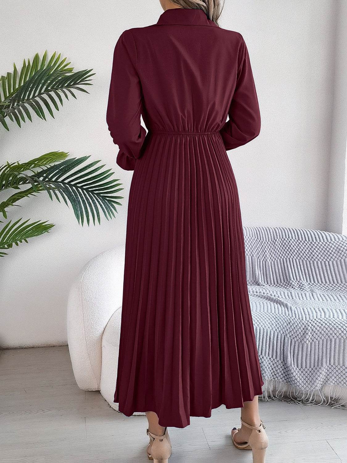 Pleated Half Button Long Sleeve Midi Dress - UnLaced Boutique