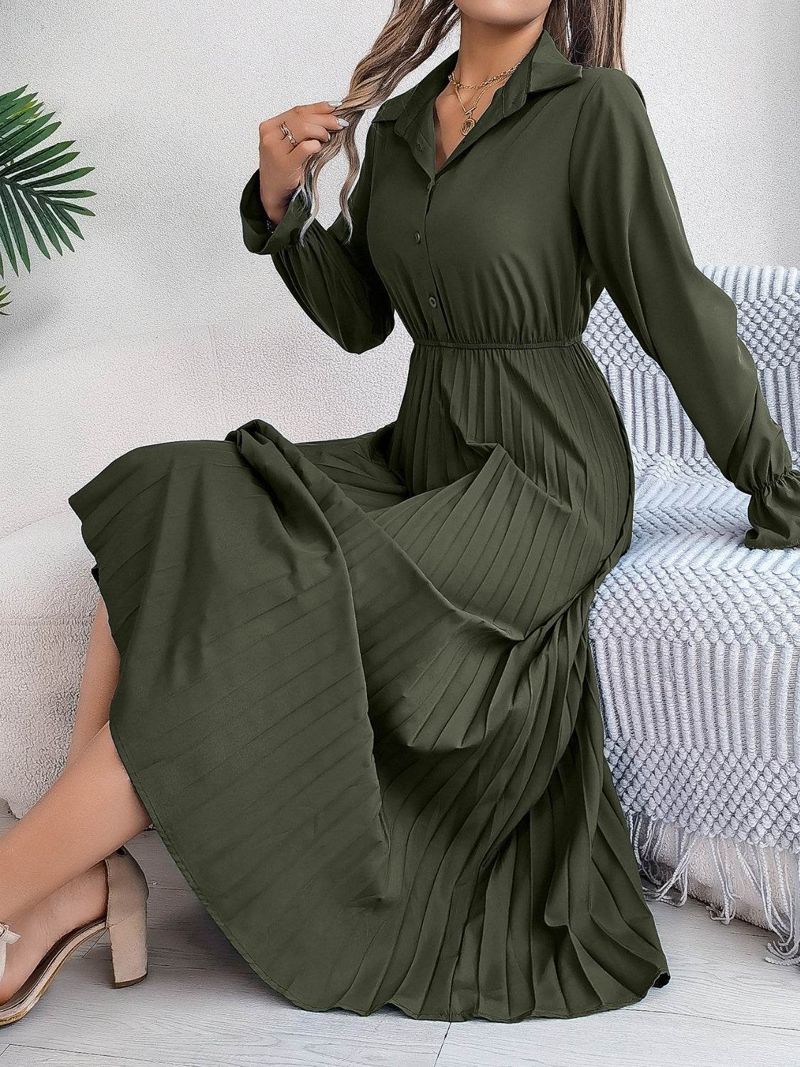 Pleated Half Button Long Sleeve Midi Dress - UnLaced Boutique