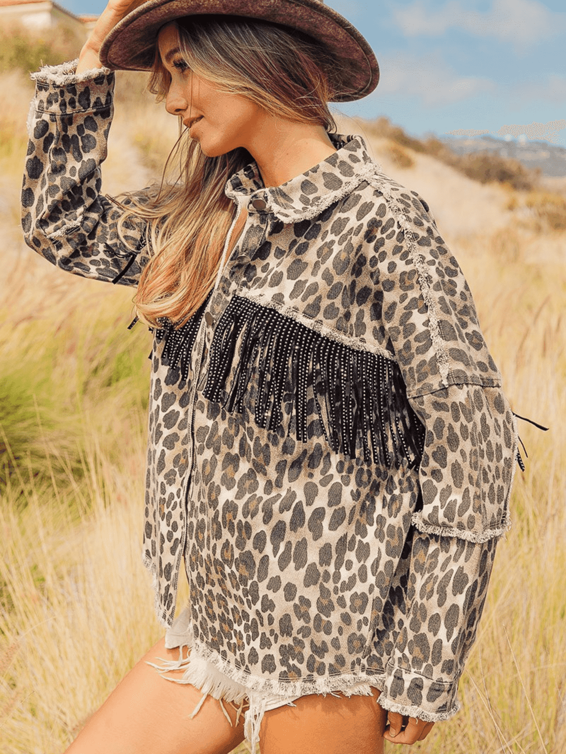 Leopard Fringe Detail Collared Neck Denim Jacket - UnLaced Boutique