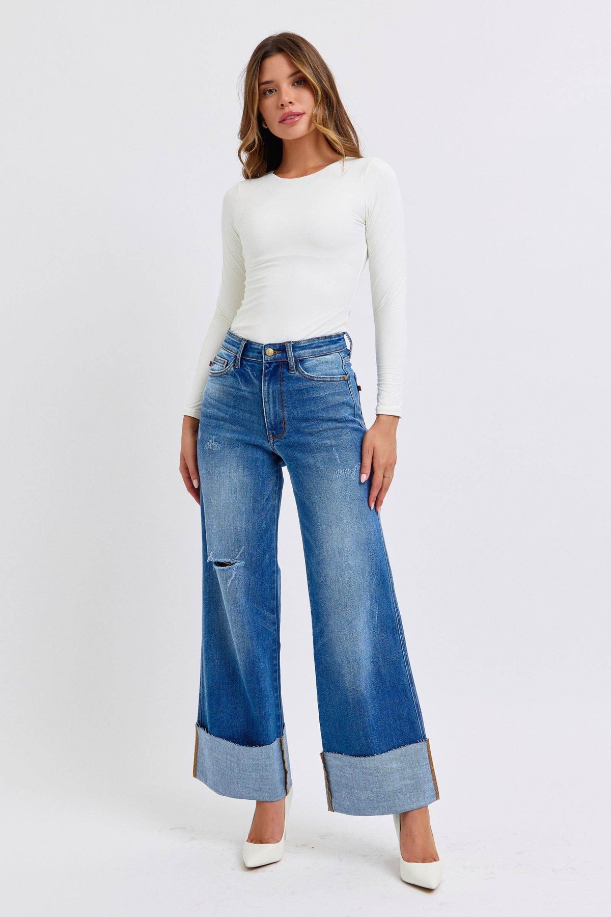 Judy Blue Full Size Distressed High Waist Wide Leg Jeans - UnLaced Boutique