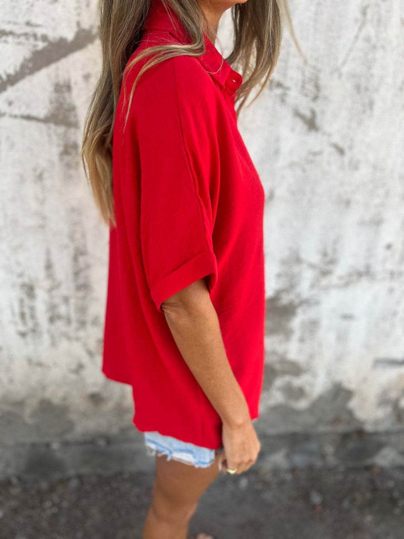 Full Size Collared Neck Half Sleeve Shirt Plus Size - UnLaced Boutique