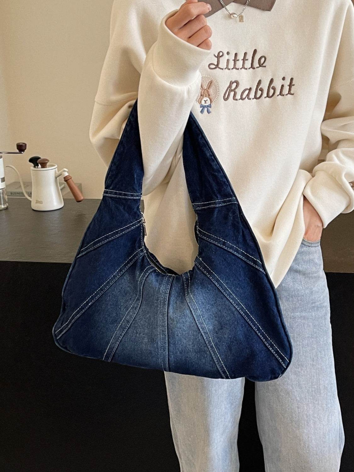 Crescent Shaped Denim Shoulder Bag - UnLaced Boutique