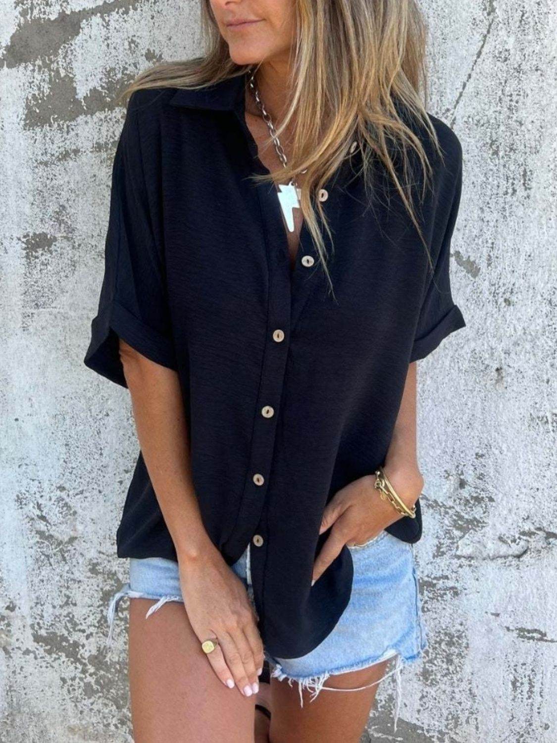 Full Size Button Down Short Sleeve Shirt Plus Size - UnLaced Boutique