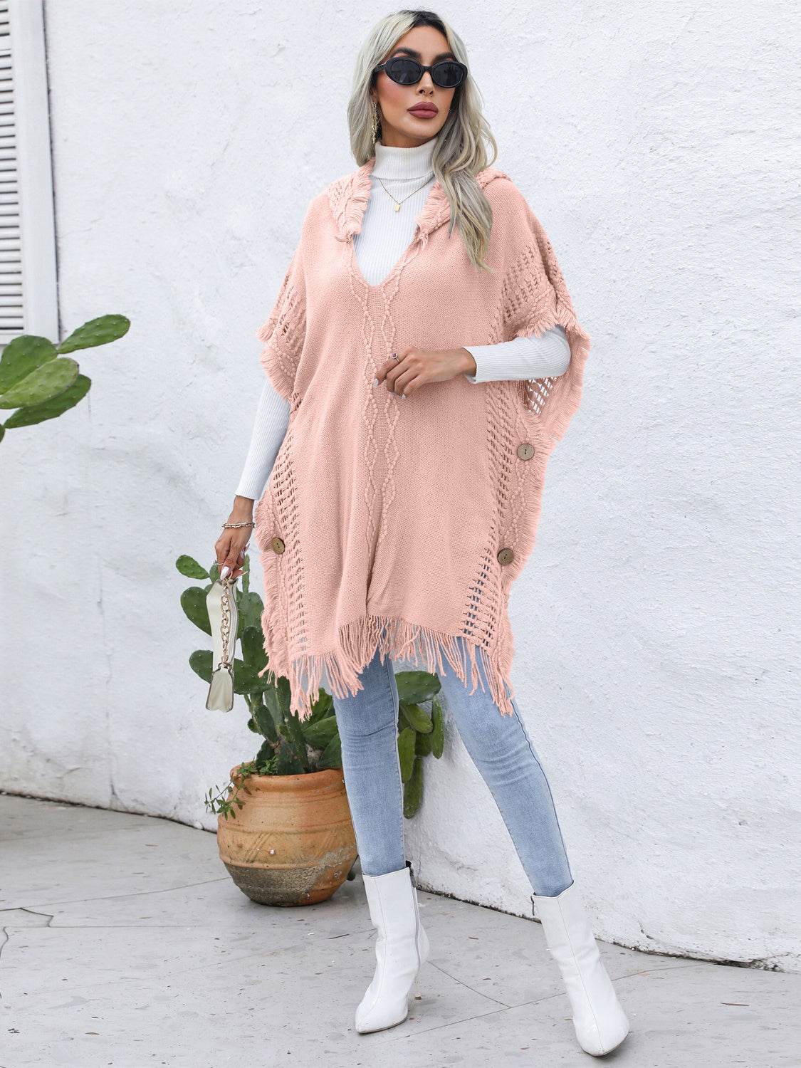 Fringe Trim Buttoned Hooded Poncho - UnLaced Boutique