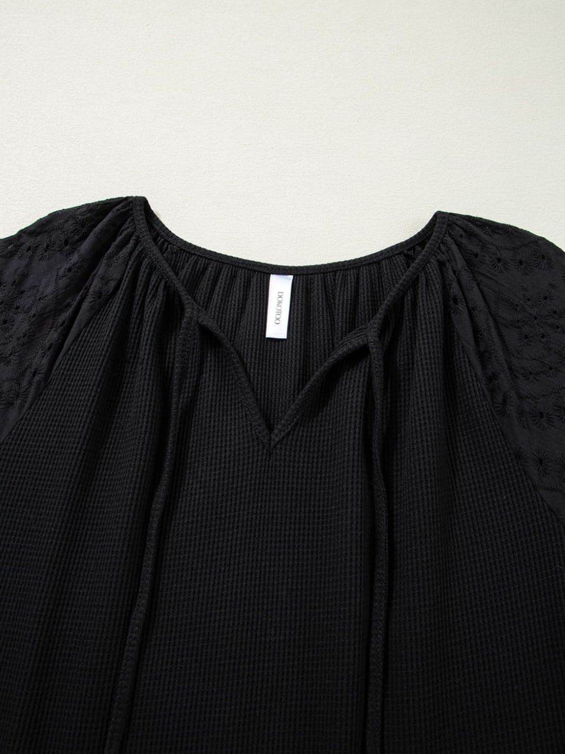 Eyelet Tie Neck Three-Quarter Sleeve Blouse - UnLaced Boutique