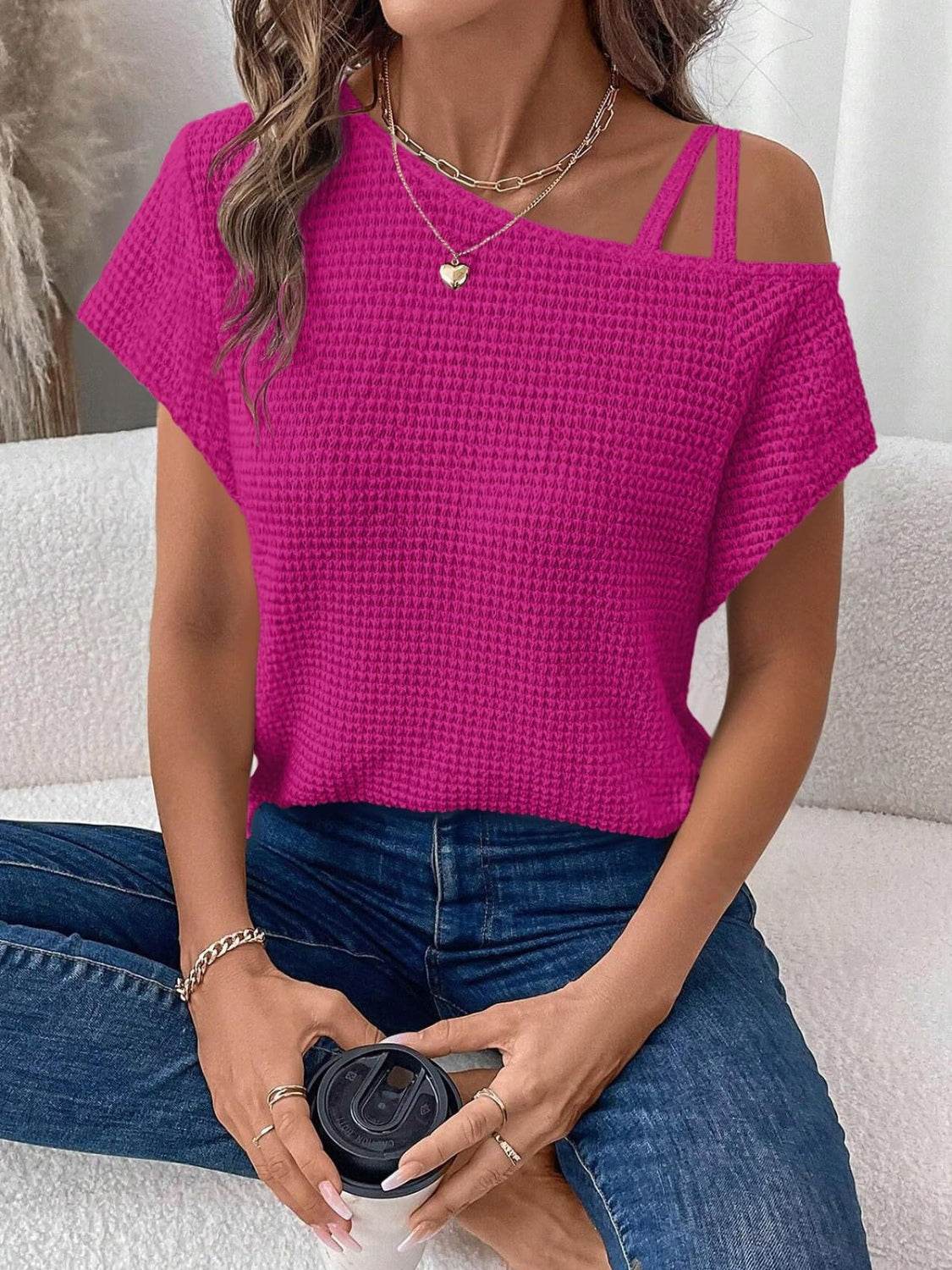 Asymmetrical Neck Short Sleeve T-Shirt - UnLaced Boutique