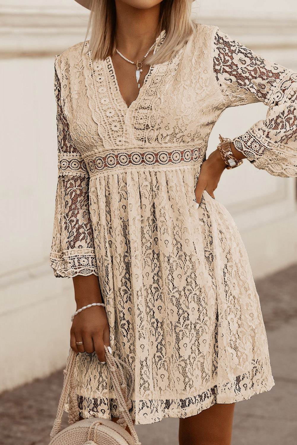 Lace V-Neck Three-Quarter Sleeve Dress - UnLaced Boutique