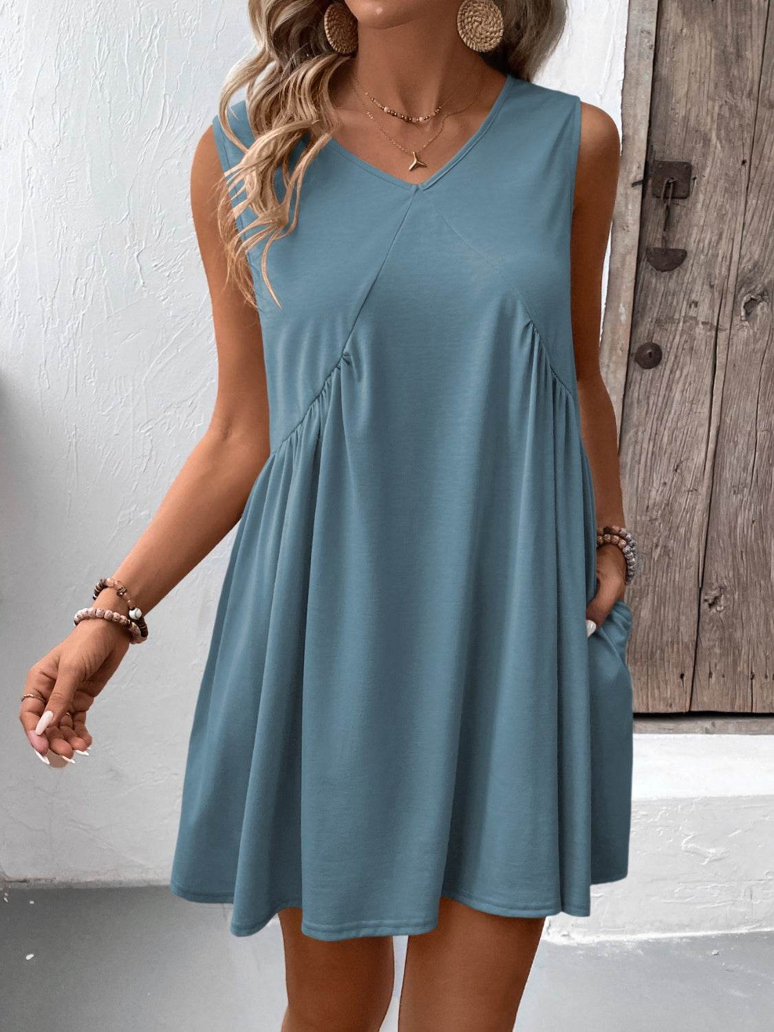 Ivy Lane Ruched V-Neck Sleeveless Mini Dress - UnLaced Boutique