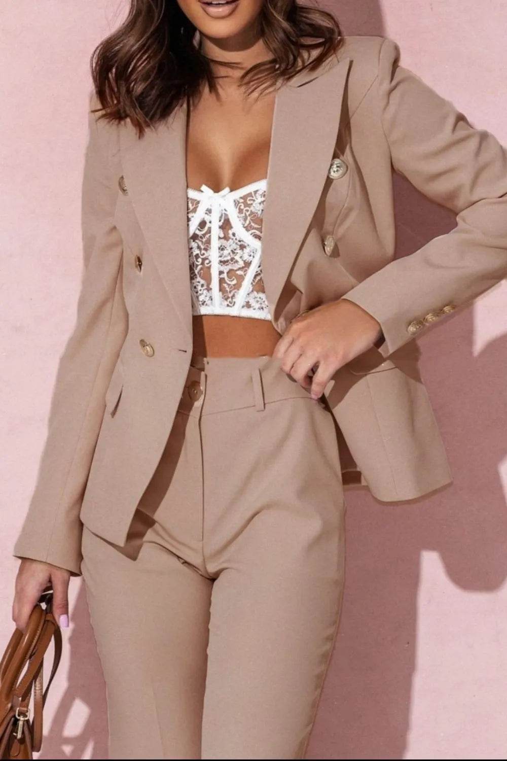 Full Size Lapel Collar Long Sleeve Blazer and Pants Set Plus Size - UnLaced Boutique