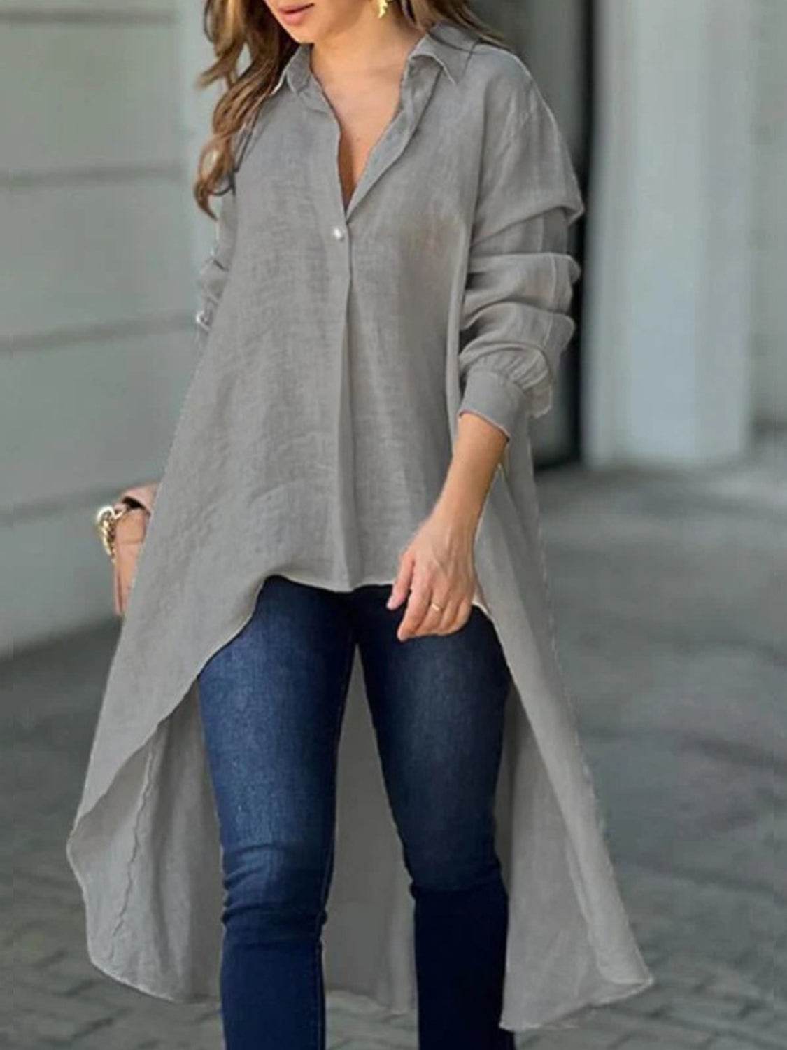 Full Size High-Low Collared Neck Long Sleeve Shirt - UnLaced Boutique