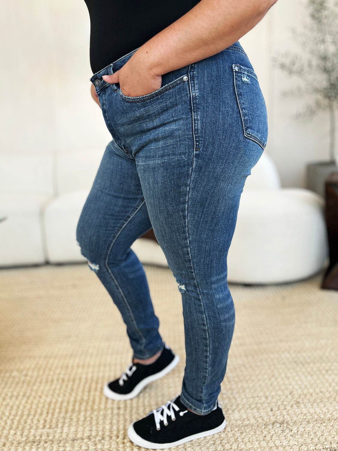 Judy Blue Full Size Mid Waist Distressed Slim Jeans - UnLaced Boutique