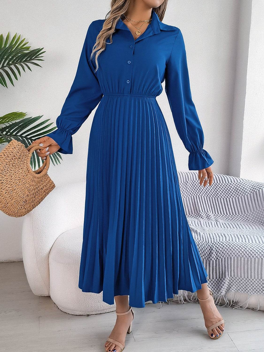 Pleated Half Button Long Sleeve Midi Dress - UnLaced Boutique