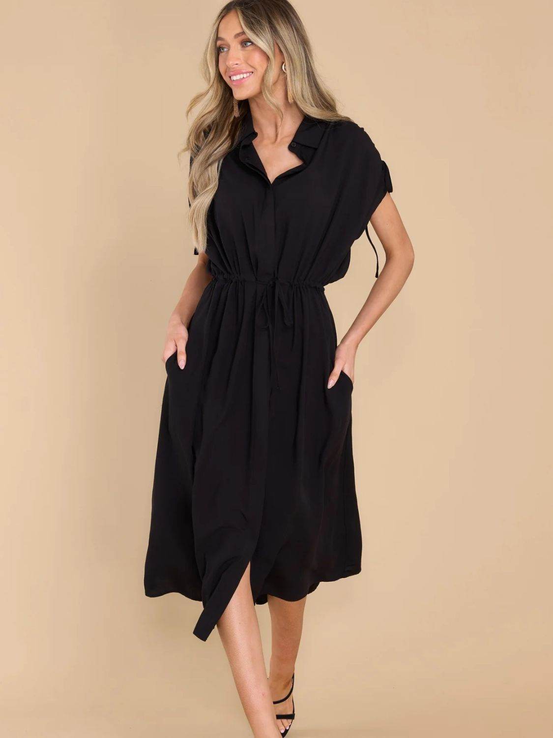 Drawstring Collared Neck Short Sleeve Midi Dress - UnLaced Boutique