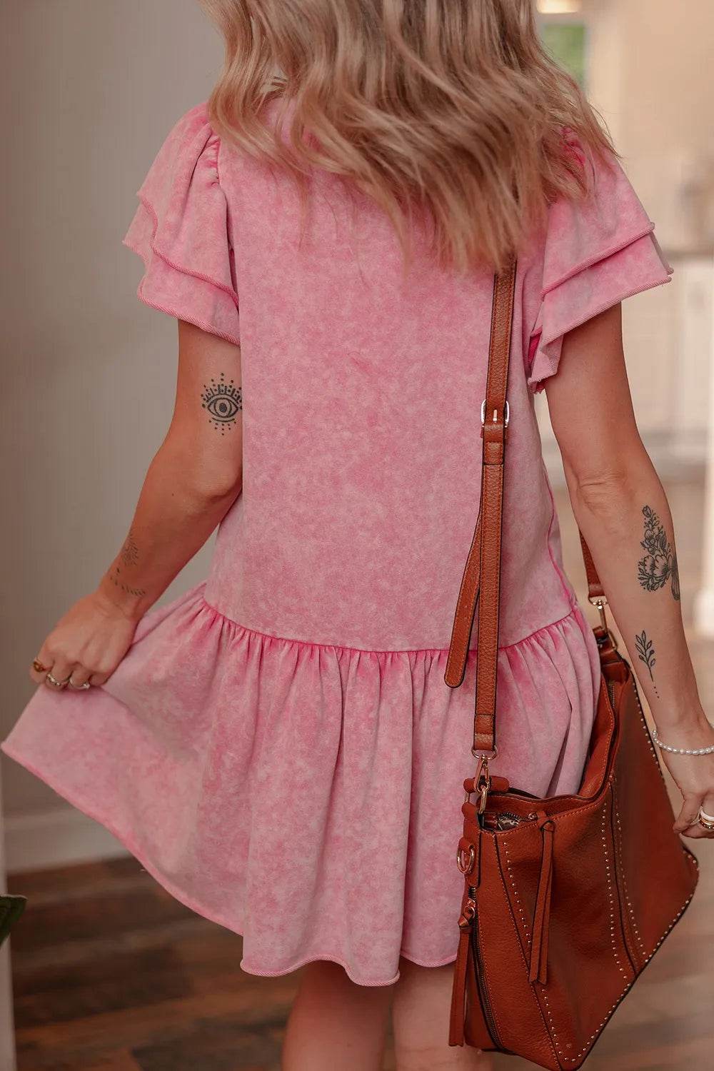 Mineral Wash Raw Edge Ruffle Mini Dress - UnLaced Boutique