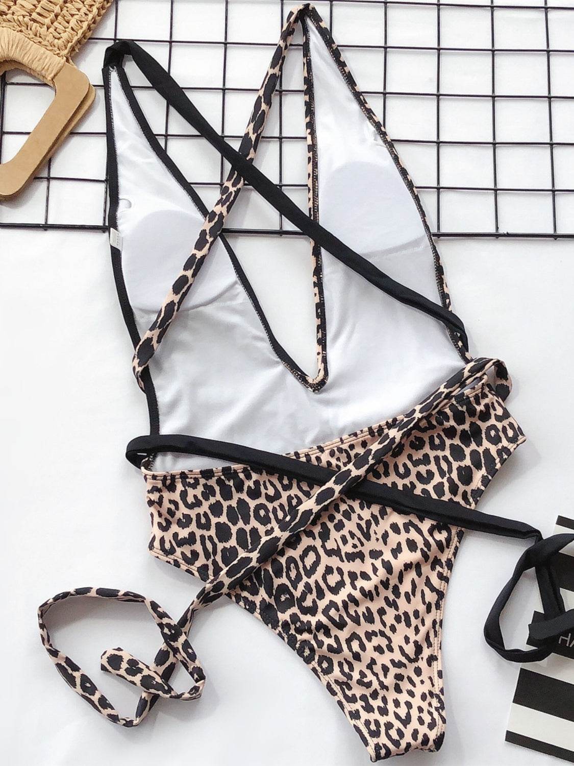 Tied Leopard Plunge One-Piece Swimwear - UnLaced Boutique