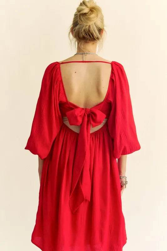 Davi & Dani Solid Textured Fabric Puff Sleeve Tie Back Dress - UnLaced Boutique