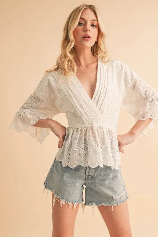 Aemi+Co Flounce Sleeve Eyelet Peplum Top - UnLaced Boutique
