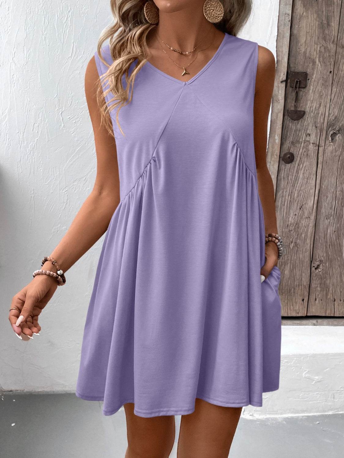 Ivy Lane Ruched V-Neck Sleeveless Mini Dress - UnLaced Boutique