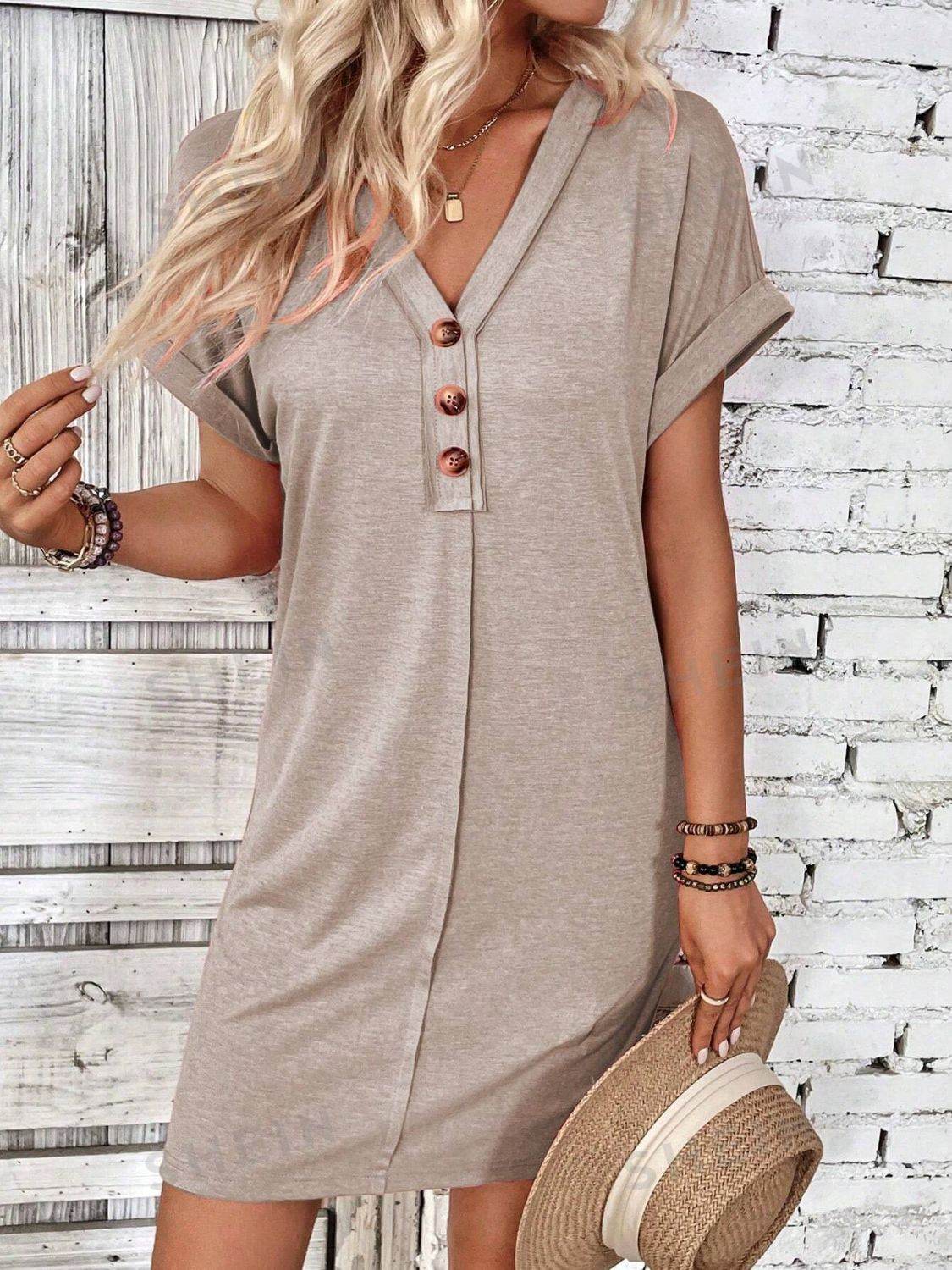 Quarter Button V-Neck Short Sleeve Dress - UnLaced Boutique