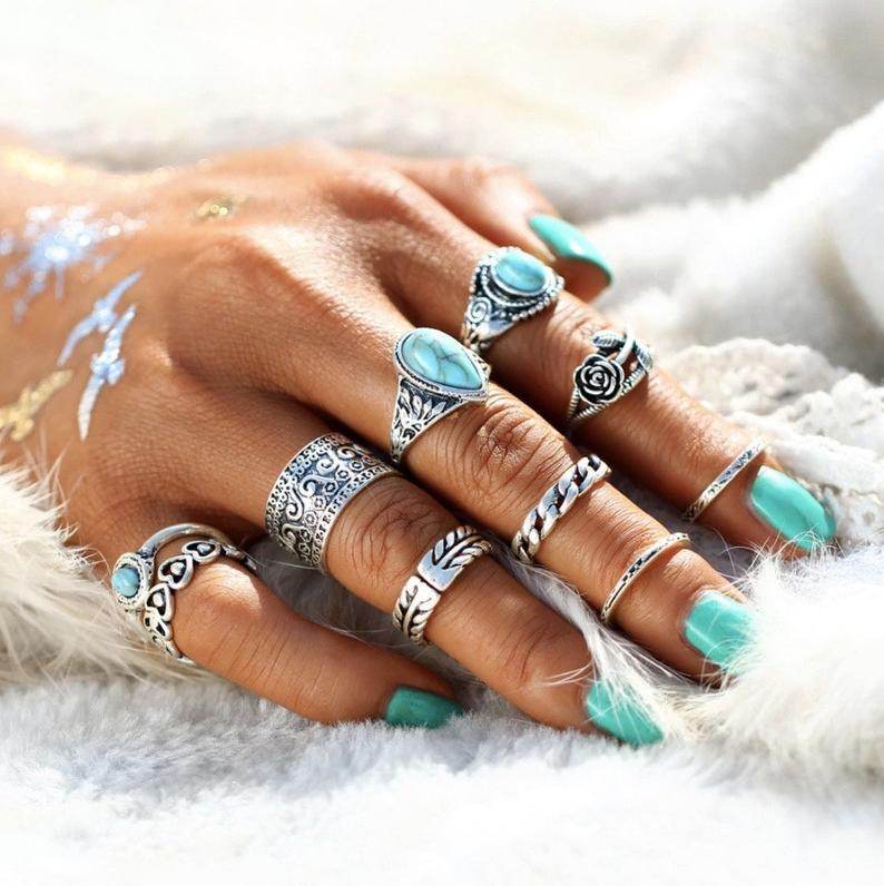 Artificial Turquoise Alloy Ring 10-Piece Set - UnLaced Boutique