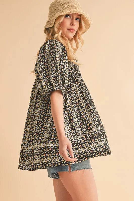 Aemi+Co Floral Short Sleeve Babydoll Top - UnLaced Boutique