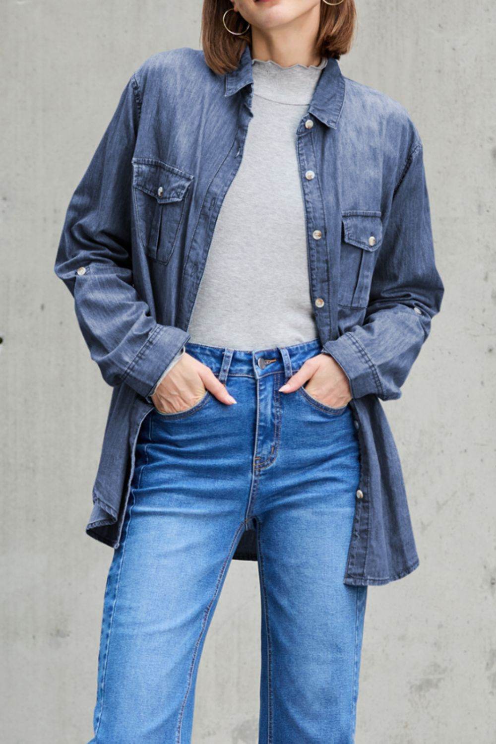 Pocketed Collared Neck Long Sleeve Denim Top - UnLaced Boutique