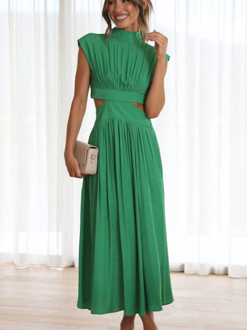 Cutout Mock Neck Sleeveless Ruched Dress - UnLaced Boutique