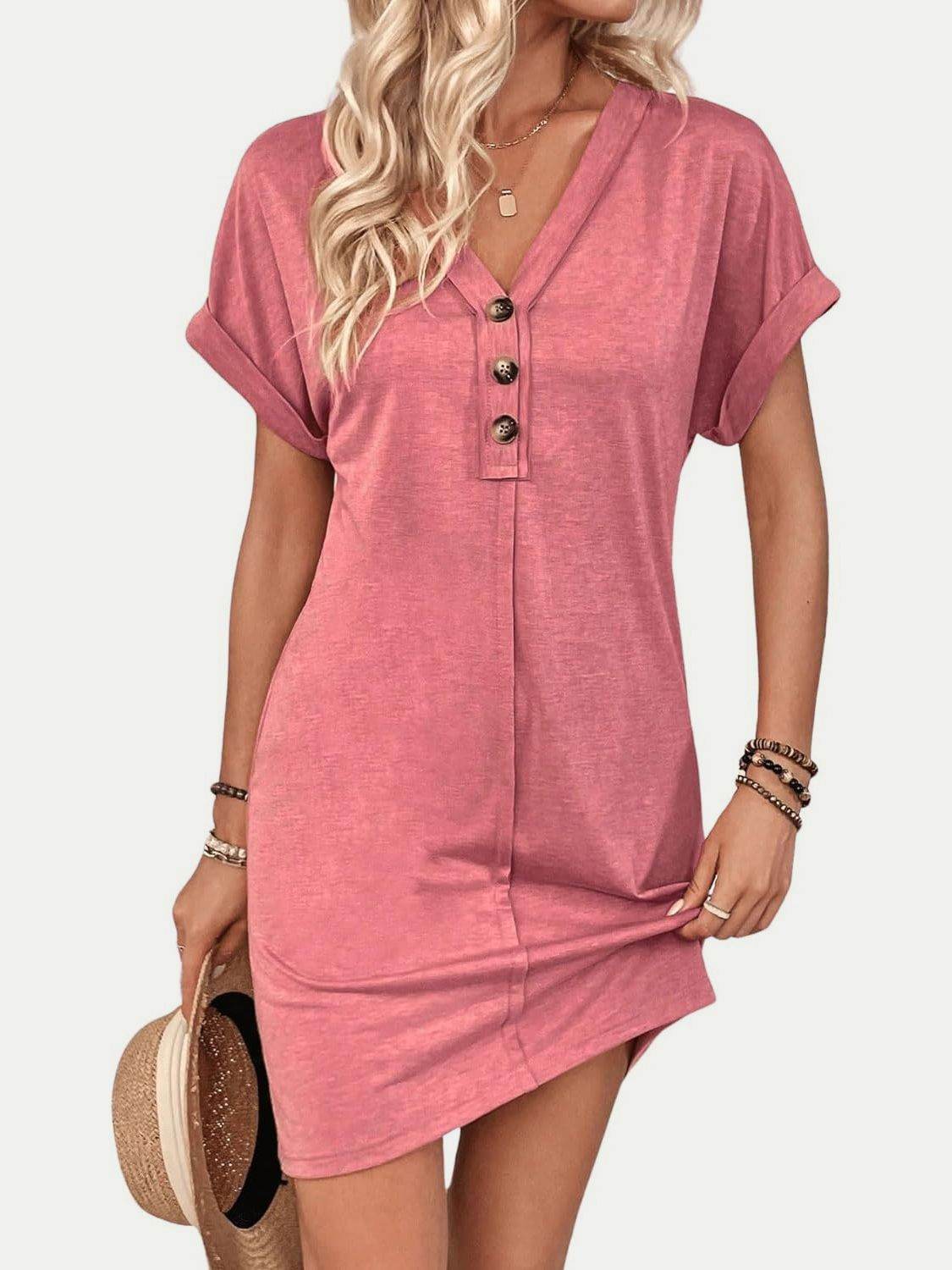 Quarter Button V-Neck Short Sleeve Dress - UnLaced Boutique