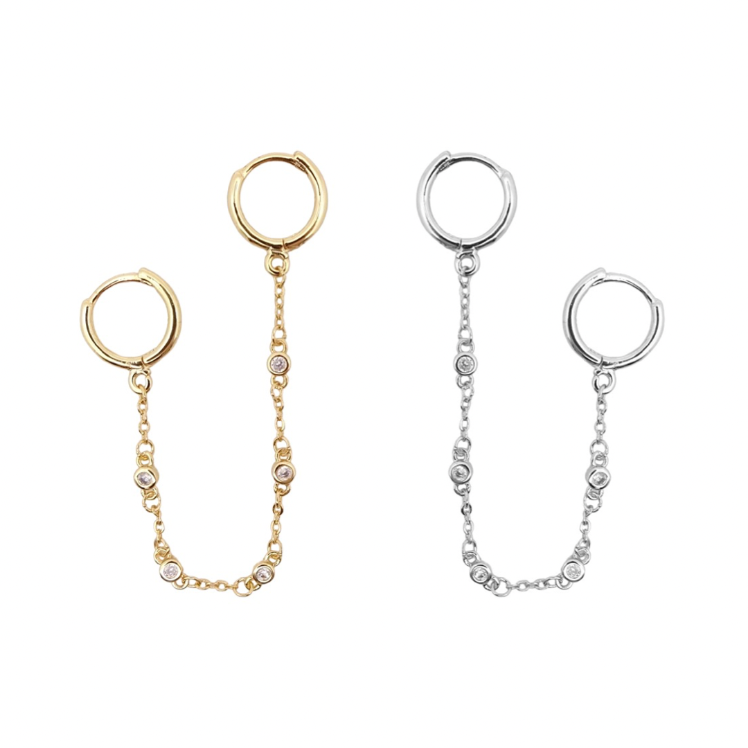 Double Hoop CZ Bezel Chain Earrings