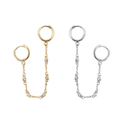Double Hoop CZ Bezel Chain Earrings