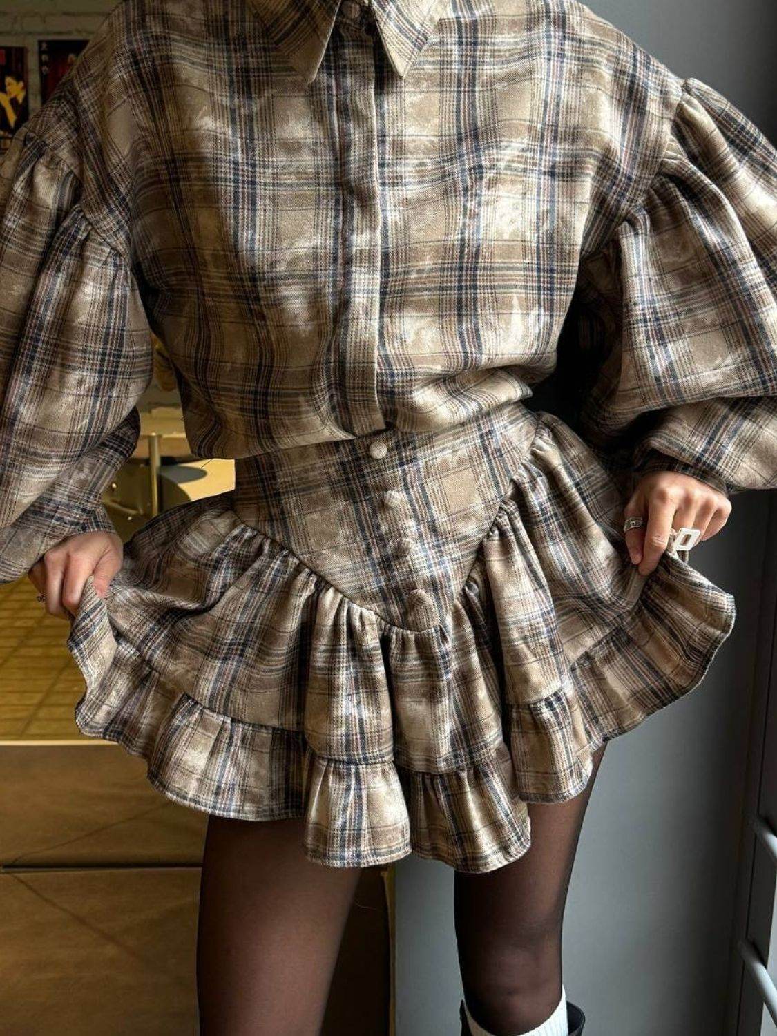 Lantern Sleeve Shirt and Ruffled Skirt Set - UnLaced Boutique