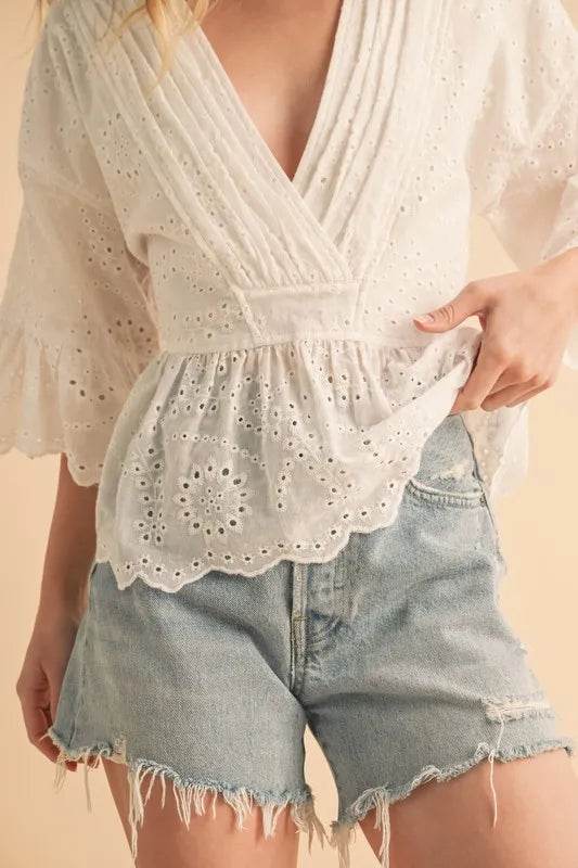 Aemi+Co Flounce Sleeve Eyelet Peplum Top - UnLaced Boutique