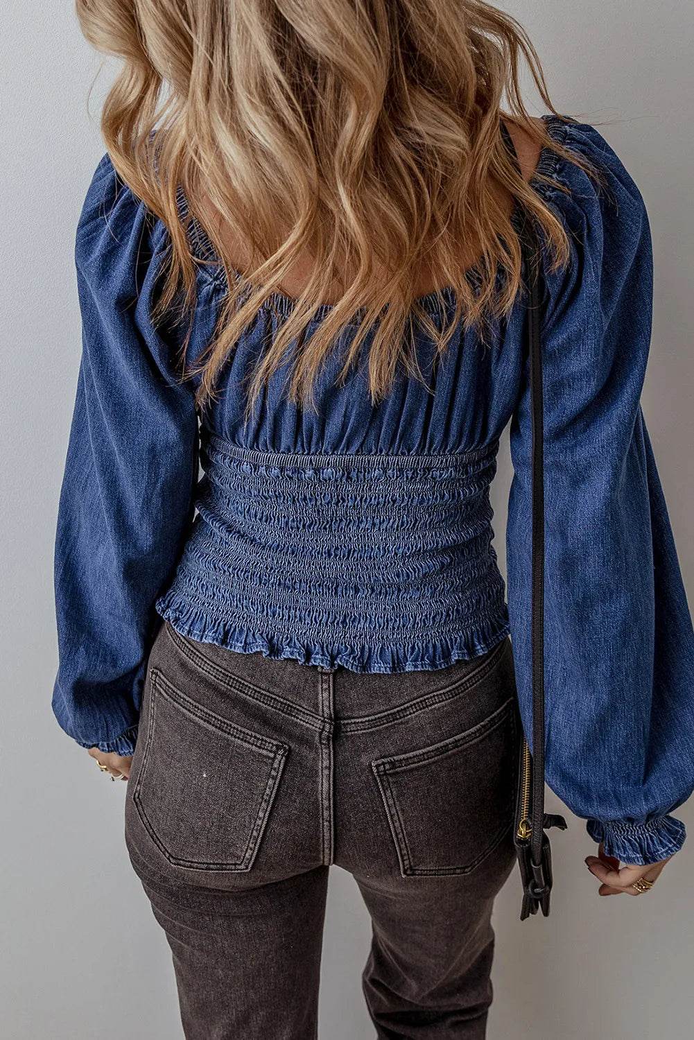 Smocked Long Sleeve Denim Top - UnLaced Boutique