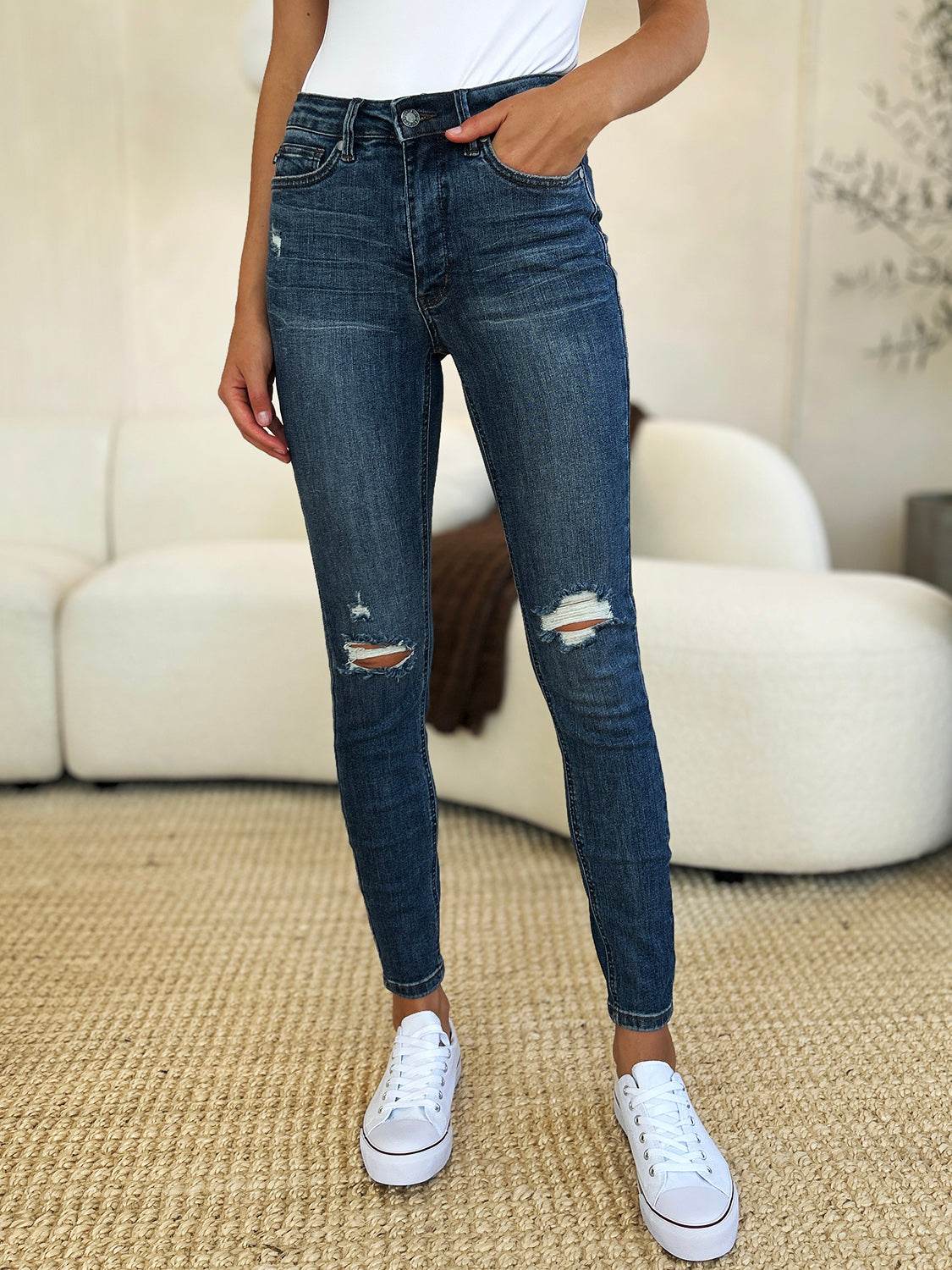 Judy Blue Full Size Mid Waist Distressed Slim Jeans - UnLaced Boutique