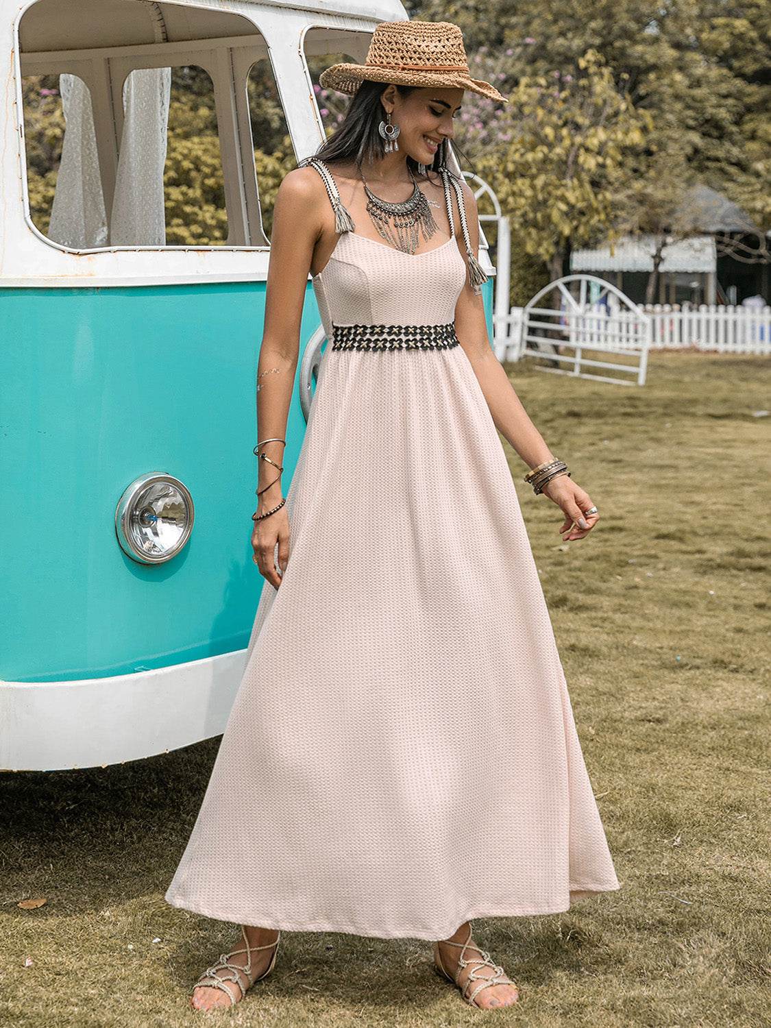 Waffle-Knit Tied Spaghetti Strap Dress - UnLaced Boutique