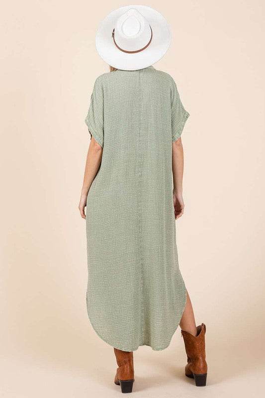 Mittoshop Mineral Wash V Neck Button Up Midi Shirt Dress - UnLaced Boutique