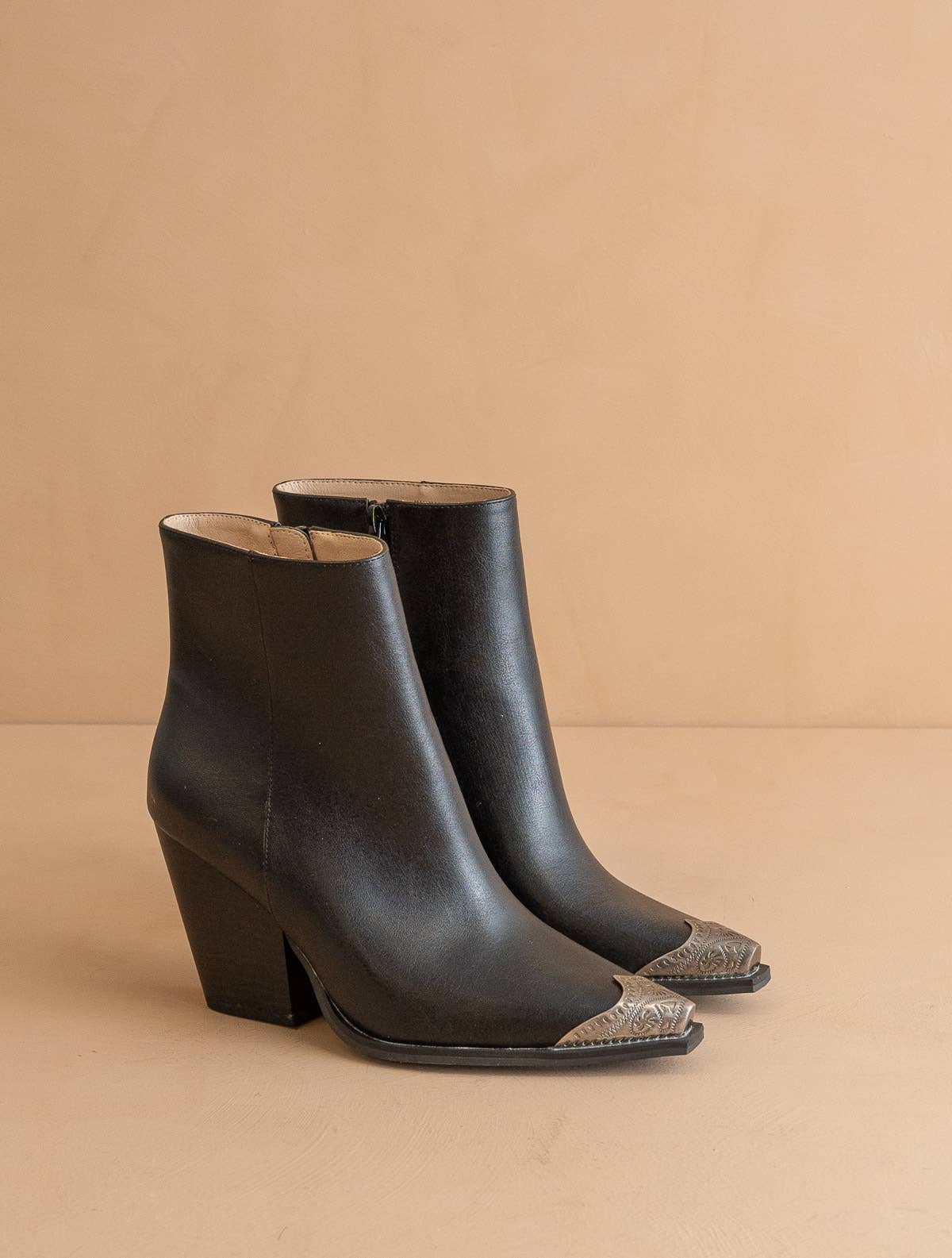 The Zion Black | Elegant Western Bootie Etched Metal Toe