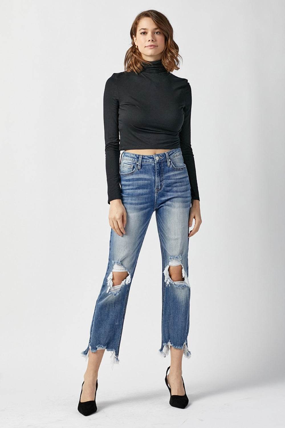 RISEN High Waist Distressed Frayed Hem Cropped Straight Jeans - UnLaced Boutique
