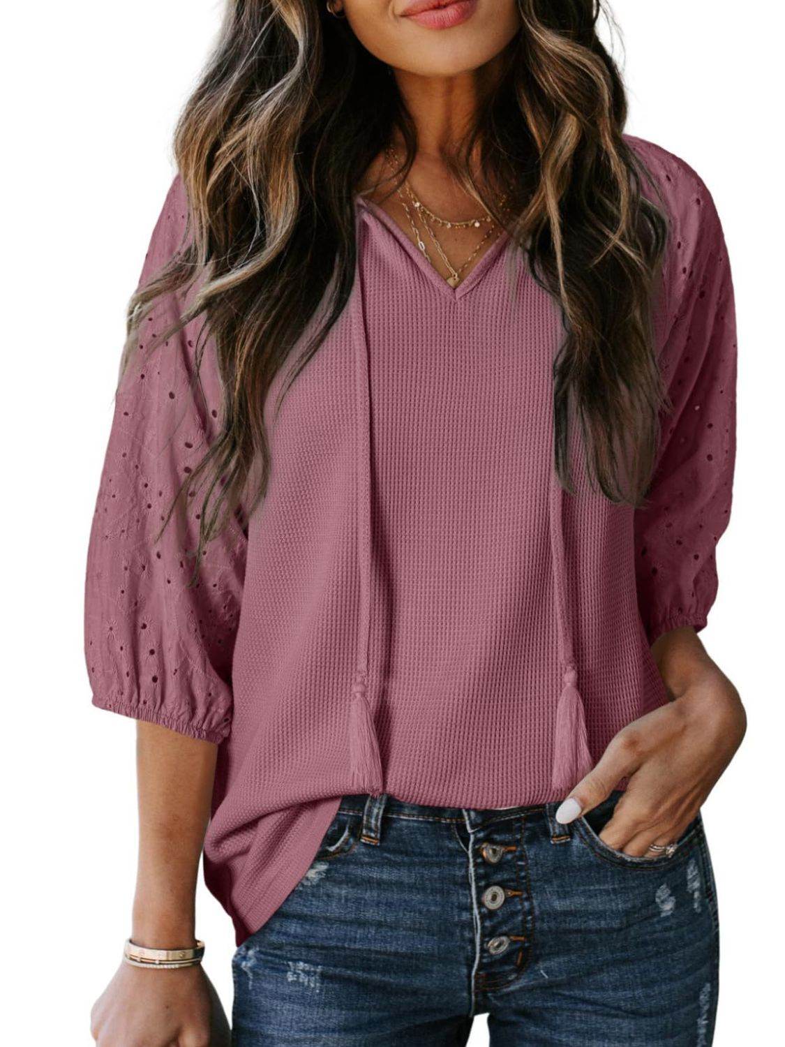 Eyelet Tie Neck Three-Quarter Sleeve Blouse - UnLaced Boutique