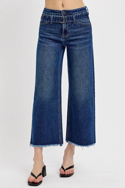 RISEN Raw Hem Wide Leg Attached Buckle Jeans - UnLaced Boutique