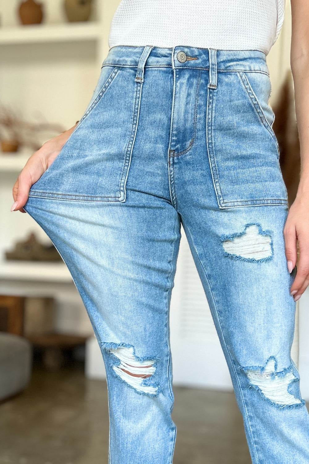 Judy Blue Full Size Distressed Straight Jeans with Patch Pockets - UnLaced Boutique
