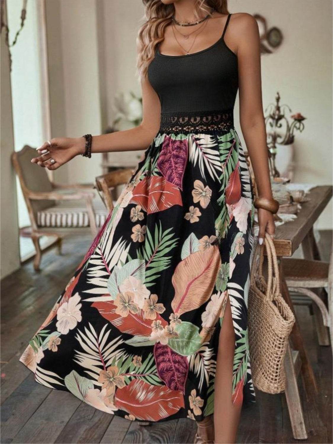 Slit Printed Scoop Neck Cami Dress - UnLaced Boutique