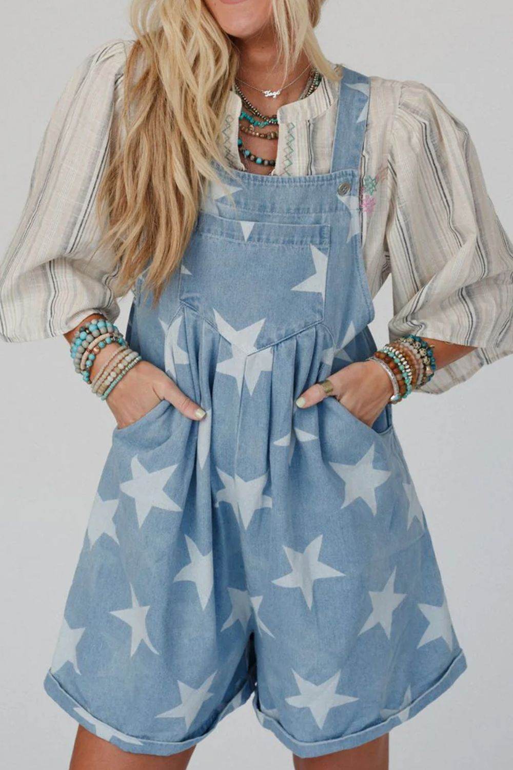 Star Print Square Neck Denim Overalls - UnLaced Boutique