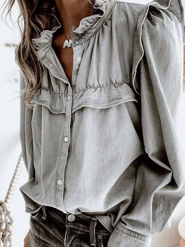Romantic Ruffle Button-Up Blouse with Pleats
