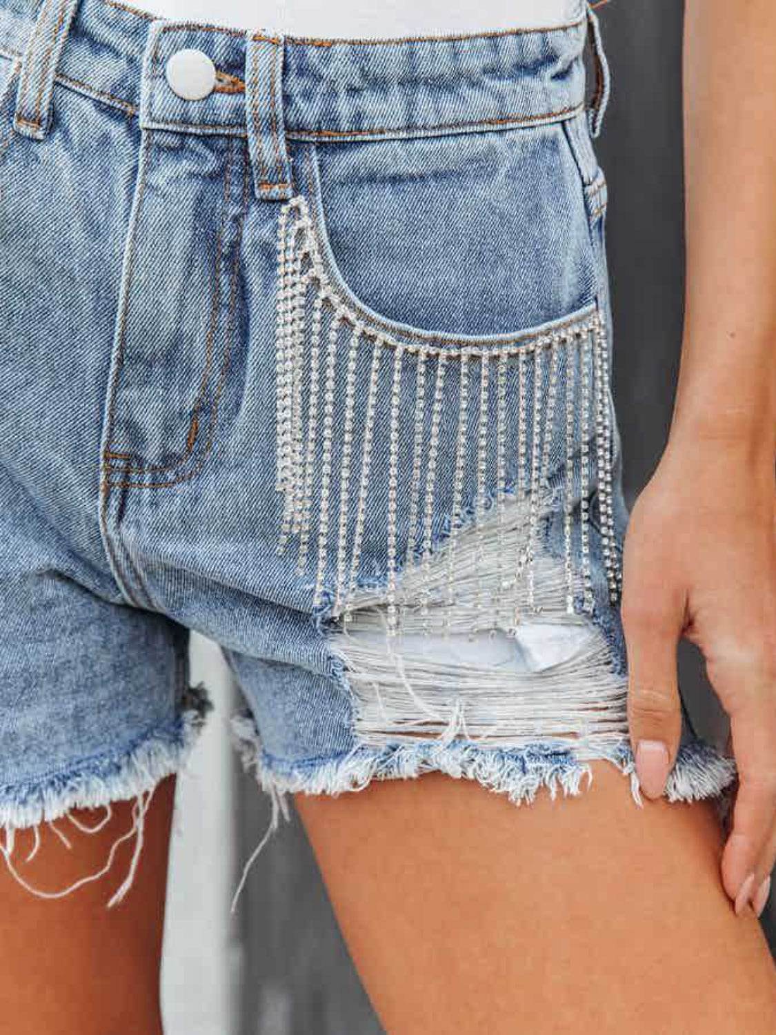 Distressed Fringe Denim Shorts with Pockets - UnLaced Boutique