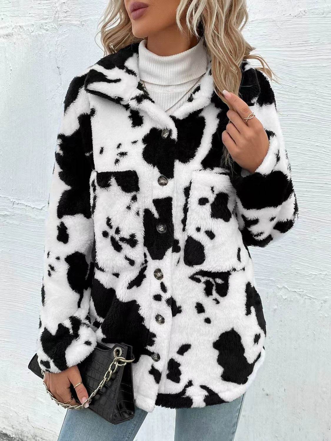Cow Print Collared Neck Button Up Fuzzy Jacket - UnLaced Boutique